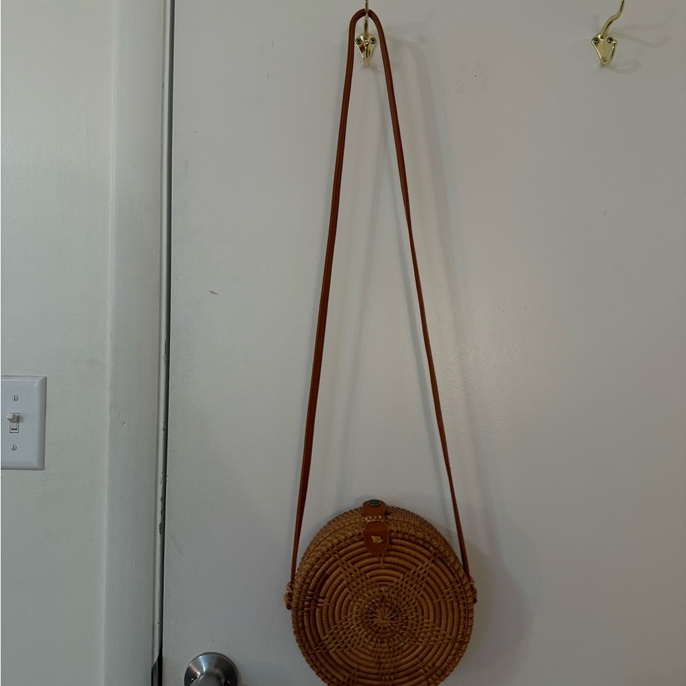 Round Woven Tan Crossbody Bag